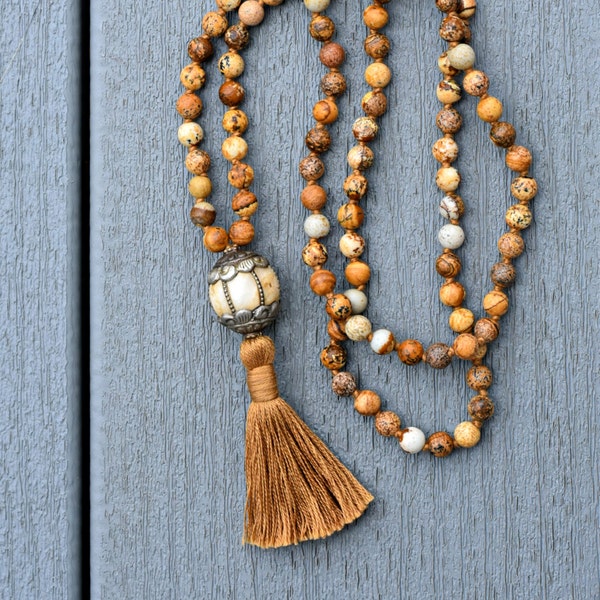 MALA/ PRAYER BEADS w/ Genuine Jasper & Naga Conch Shell; Handmade, Knotted; 108 x 6mm Gemstone Necklace; Brown