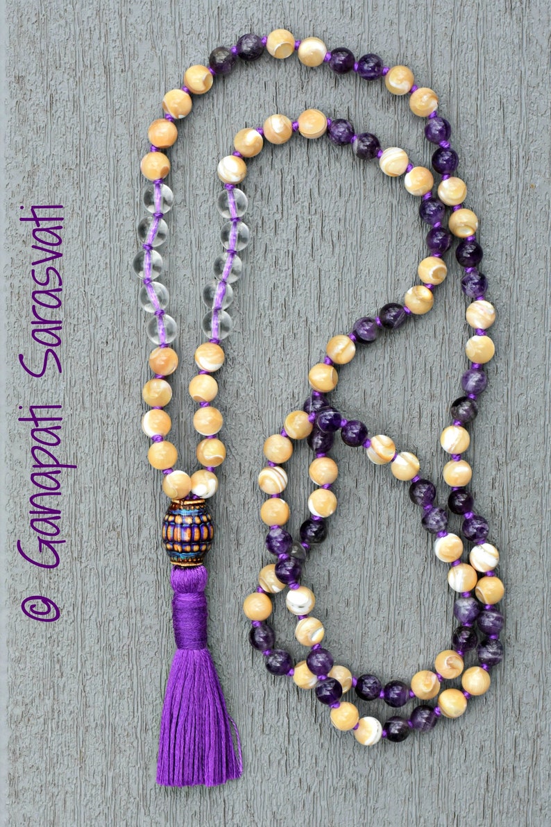 Mother of Pearl Quartz; Handmade Knotted; 108 x 6mm Gemstone Necklace; Purple MALA PRAYER BEADS w Genuine Amethyst