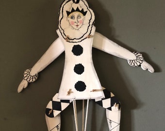 RARE Vintage Signed Terrie Floyd Jumping Jack Pull String Wooden, Winking Pierrot, , Original OOAK, 1980’s, Harlequin , Folk Art, Handmade