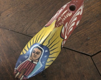 Vintage Virgin Guadalupe Wooden Shoe Ex Voto, Signed, Hand Painted, Blessing, Religion, Mexico, Home Altar, Home Decor, Folk Art, Southwest