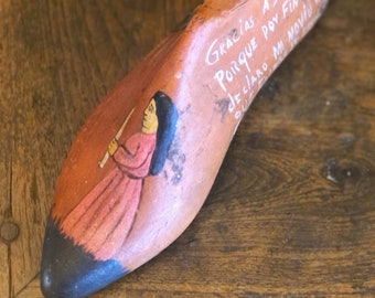 Vintage Ex Voto Wooden Shoe Form Figure,  Signed, Hand Painted, Blessing, Religion, Prayer, Mexico, Home Altar, Home Decor, Engagement gift