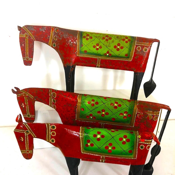 Vintage Set of 3 Hand Painted Metal Horse Folk Art , Red Green Black, Primitive, India, Hand Painted, Decorative, Ethnic, Rustic