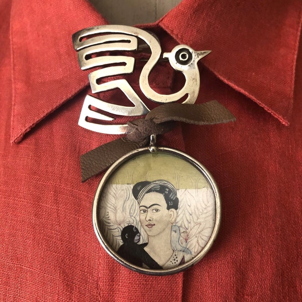 Frida Kahlo Homage Brooch Sterling Silver Artist-made, Dove, One of a Kind, Feminist Icon, Monkey, 925, Mexico, Original, Vintage, Retro