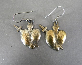 Vintage Heart Milagro Earrings, Silver Copper Earrings, Ear Wire,Flaming Heart, Dangle Drop,Love, Miracle, Blessing,Charm, Protection,Mexico