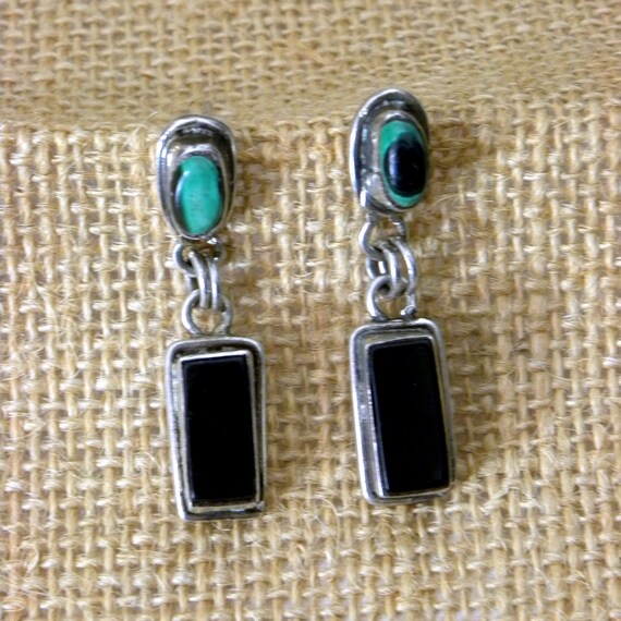 Vintage Silver Turquoise and Onyx Post Earrings, … - image 7