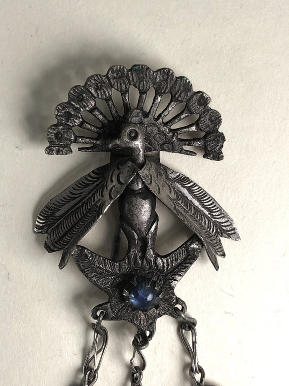 Rare Peruvian Peacock Pin, c1930s, Handmade, Prim… - image 5