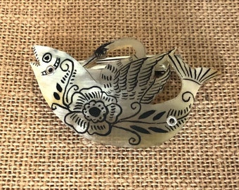 Vintage Horn Barrette Fish Swan Mexican, Folk Art, Mexico, Handmade, Collectible, Adornment for Hair, Hand Painted, Artisan made, Nature