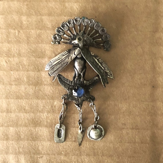 Rare Peruvian Peacock Pin, c1930s, Handmade, Prim… - image 2