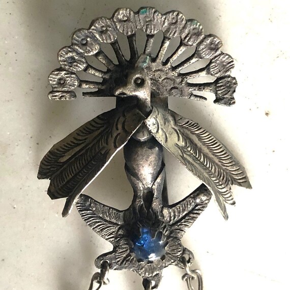 Rare Peruvian Peacock Pin, c1930s, Handmade, Prim… - image 4