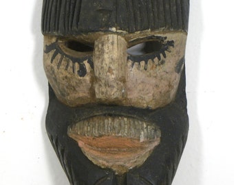 Vintage Hand Carved Wood Dance Mask Guatemalan, Traditional Dance mask, Patron, Spaniard, 1960s, Handmade, Ethnic, Rustic, Black and White
