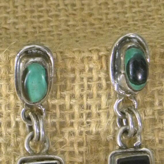 Vintage Silver Turquoise and Onyx Post Earrings, … - image 2