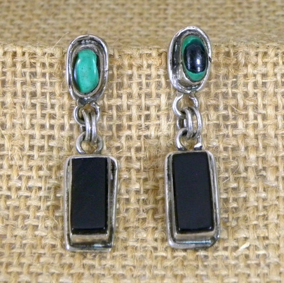 Vintage Silver Turquoise and Onyx Post Earrings, … - image 1