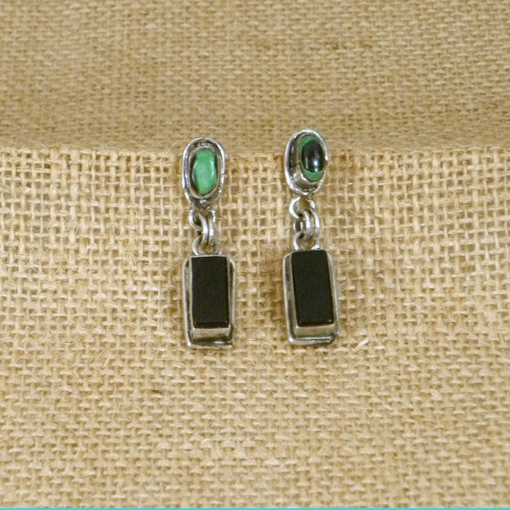 Vintage Silver Turquoise and Onyx Post Earrings, … - image 4