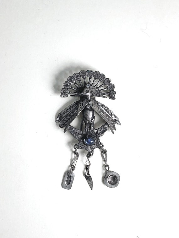 Rare Peruvian Peacock Pin, c1930s, Handmade, Prim… - image 3