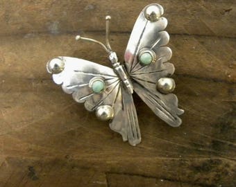 Vintage Brooch Pin Sterling Silver, Signed FM, Turquoise Stones, Butterfly, Mexico, Modernist