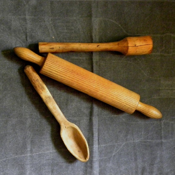Childs wooden rolling pin and potato masher