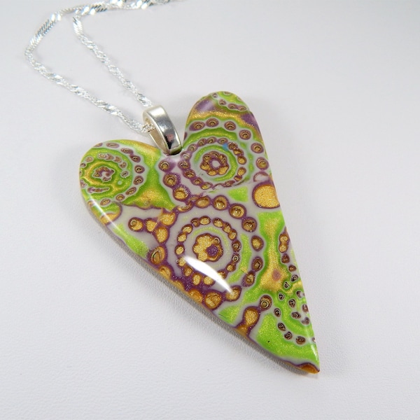 Heart Pendant. Polymer Clay Pendant. Mokume Gane. Polymer Clay Necklace. Large Heart Pendant. Resin. Sterling Silver Chain. Heart Jewelry.