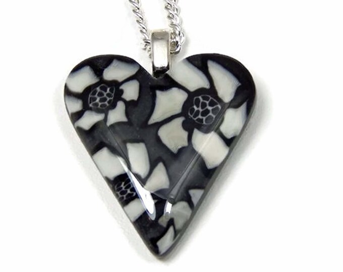 Polymer Clay Heart Necklace. Black and White Floral Heart. Etsy