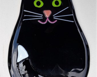 Black Cat, Fused glass art picture,  Suncatcher