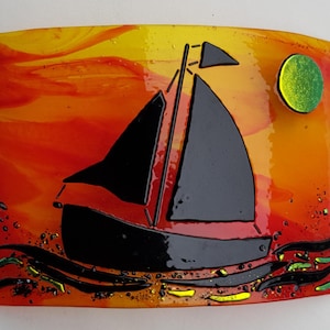 Sailing boat at sunset, fused glass art freestanding curved picture