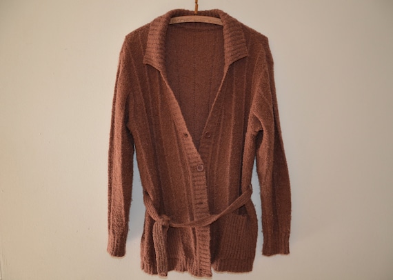 Vintage 80's Brown Sweater Coat / Wool Blend  Bel… - image 1