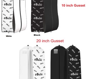 Garment Bag,  Xtra long, Gusseted, Solid Black with Bride. Personalized with Embroidery,-  For Bridal Wedding Gowns in 2 sizes