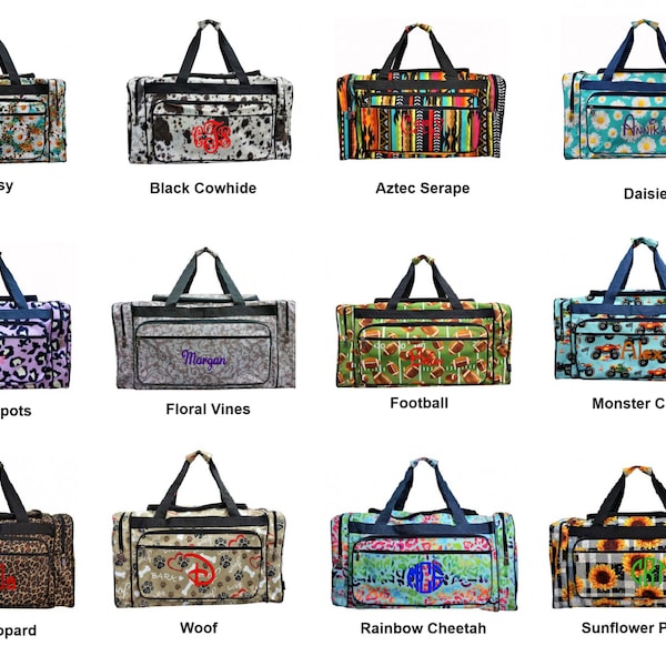 Personalized 20 inch large Duffle bags many new styles. Perfect for overnights, camping, traveling,students