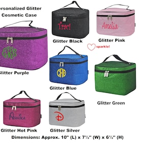 Large Glitter Cosmetic, Makeup bag, Personalized with Embroidery. Perfect for Traveling. Features a Mirror and Brush Compartment inside.