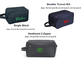 May include: Three toiletry bags with different sizes and colors. The first bag is black with a green monogram that says "Blake". The second bag is navy blue with a red monogram that says "MTR". The third bag is gray with a green monogram that says "GRT".