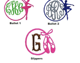 May include: Three embroidery designs featuring a ballerina, a monogram, and ballet slippers. The ballerina design is pink and green, the monogram is gray and blue, and the ballet slippers are pink and brown.