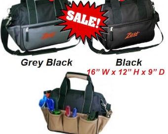 May include: Tool bags in black and grey with the text "SALE!". The black bag has the word "Zest" in orange. The bags are 16" W x 12" H x 9" D. One bag has back pockets.