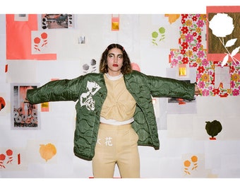 Vintage Green Liner Jacket | Unisex Wavy Quilted Nylon Coat | L