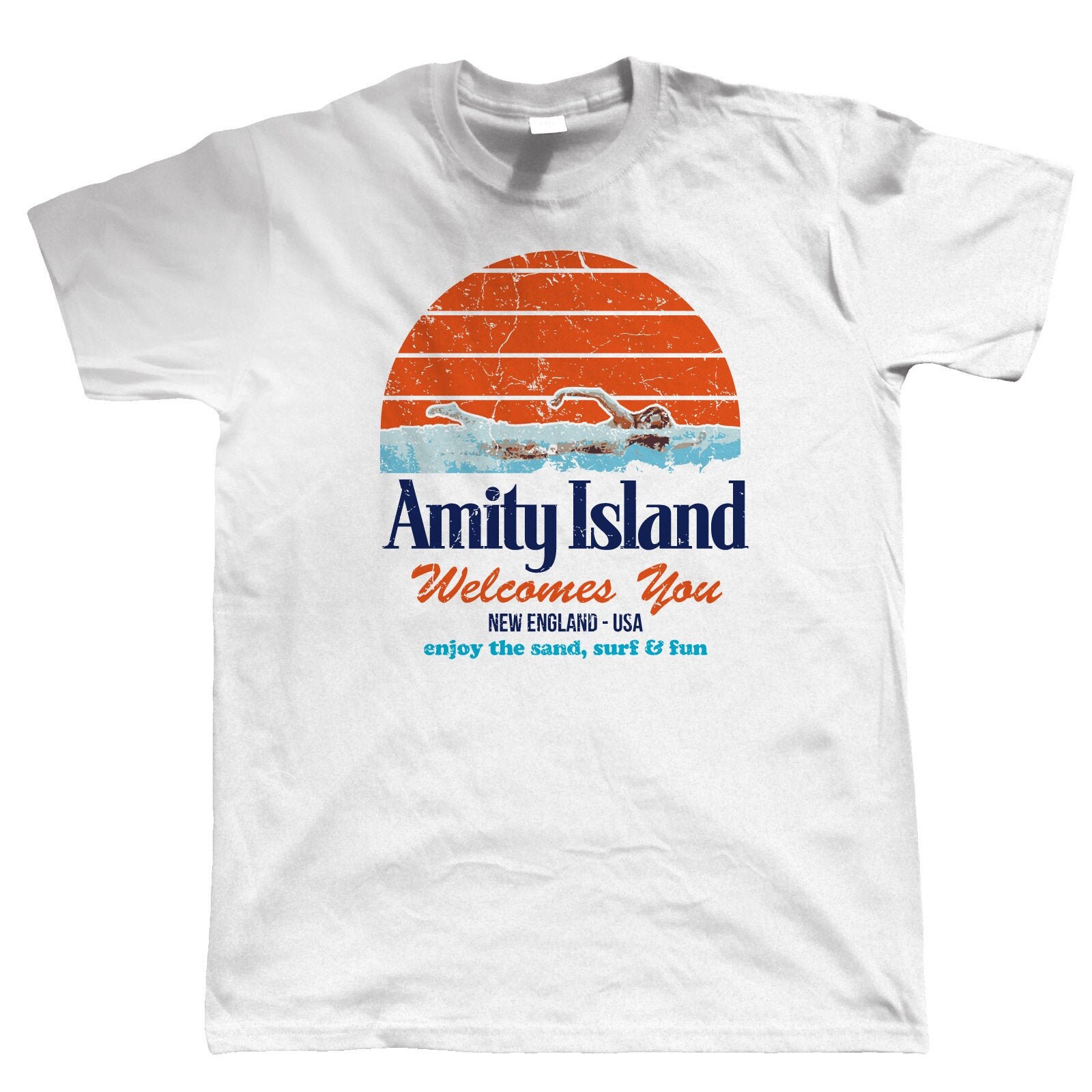 Image of Amity Island Mens Movie Inspired T Shirt, Shark Jaws Quints Retro Film Cinema