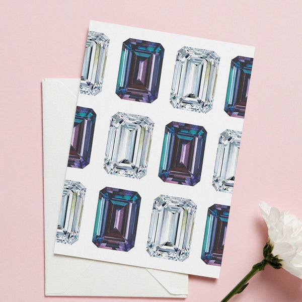 Alexandrite and Diamond Gemstone Watercolor Greeting Card, Multiple Emerald Cut Stones, Jewelry Gift, Thank you Card
