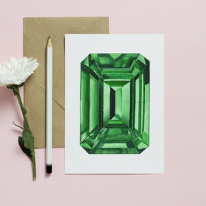 Carte de voeux aquarelle avec pierres précieuses vertes émeraude, pierre de naissance taille émeraude, cadeau bijoux, carte d'anniversaire de mai