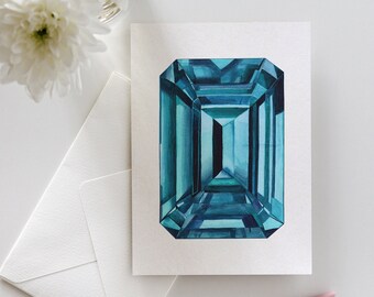 Blue Topaz Gemstone Watercolor Greeting Card, Emerald Cut Birthstone, Jewelry Gift, December Birthday Card