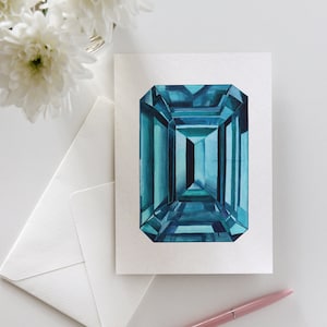 Carte de voeux aquarelle avec topaze bleue, pierre de naissance taille émeraude, cadeau bijoux, carte d'anniversaire de décembre
