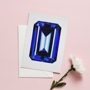 Carte de voeux aquarelle saphir bleu, pierre de naissance taille émeraude, cadeau bijoux, carte d'anniversaire de septembre