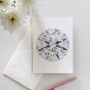 Carte de voeux aquarelle avec diamants blancs, pierre de naissance ronde, cadeau bijoux, carte d'anniversaire d'avril