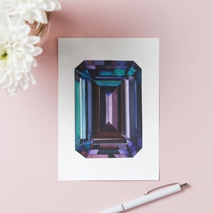 Carte de voeux aquarelle avec pierres précieuses alexandrite violet et bleu sarcelle, pierre de naissance taille émeraude, cadeau bijoux, carte d'anniversaire de juin