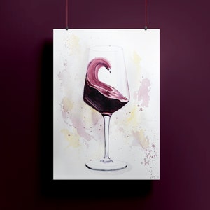 Red Wine Watercolor Artwork Print, Wine Glass Watercolor Print, Watercolor Home Bar Art Painting, Merlot Syrah Cabernet, Valentine Gift