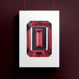May include: A watercolor painting of a red gemstone with a square shape and a faceted design.