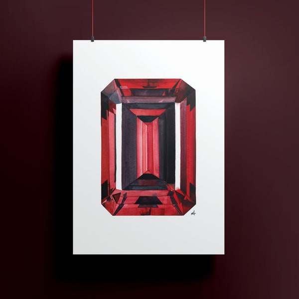 Ruby Gemstone Watercolor Painting, Emerald Cut Ruby Artwork, Boujee Wall Art, Mineral Gemstone Print, Home Wall Art