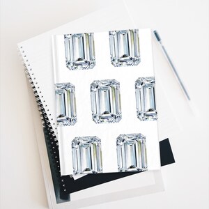 May include: A white background with a repeating pattern of nine clear emerald cut diamonds.