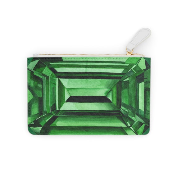 Emerald Green Gemstone Coin Purse, Watercolor Design, Small Crystal Clutch Bag for Formal Event or Everyday, Vegan Leather, Jewelry Gift