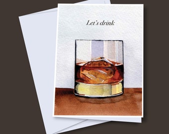 Bourbon on Rocks in Glass Drink Watercolor Card | Watercolor Drink Print A6 | Bachelor Party Invitation Congratulations Fathers Day Card