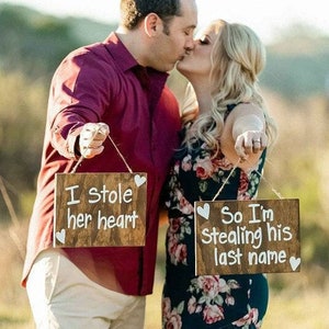 Engagement Photo Props, Couples Engagement Props, I stole her heart, Wood Engagment Signs, Custom Engangement Signs, Set of 2