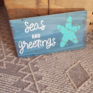 Beach Christmas Decor, Seas and Greetings, Coastal Christmas, Christmas Wall Art, Christmas Beach Sign, Holiday Sign, ready to ship