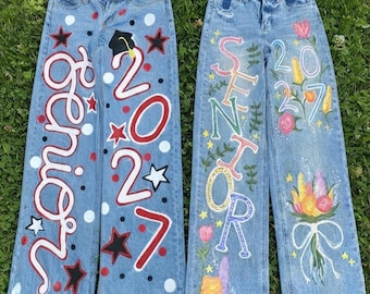 Custom Senior 2027 Painted Jeans | Personalized Graduation Jeans | Class of 2027 Denim | Hand Painted Graduation Outfit | Senior Photos |