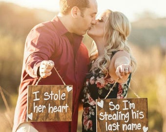 Hand Painted Engagement Photo Props: Custom Wood Signs, Set of 2